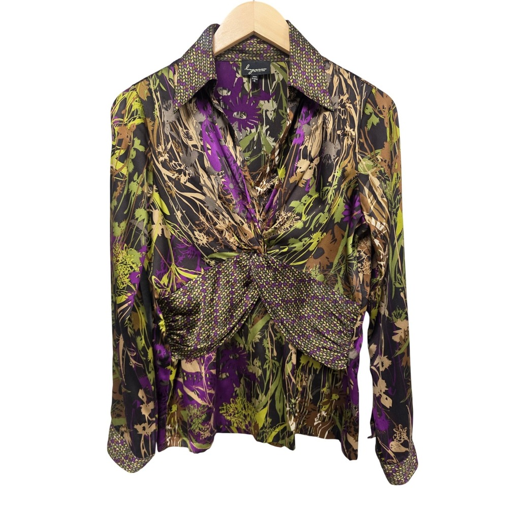 Lynn Ritchie 100% Silk Blouse Women 6 Purple Silk Floral Twist Front Long Sleeve